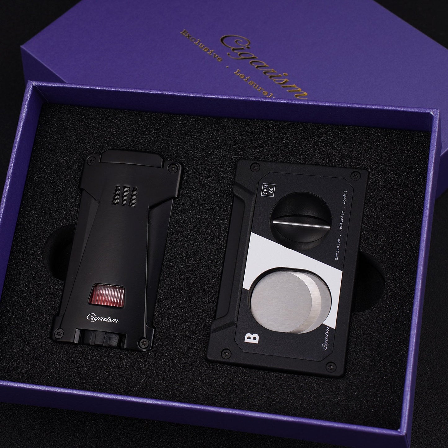 CIGARISM Cassette Style Cigar Cutter Triple Torch Jet Flame Lighter With Punches Set
