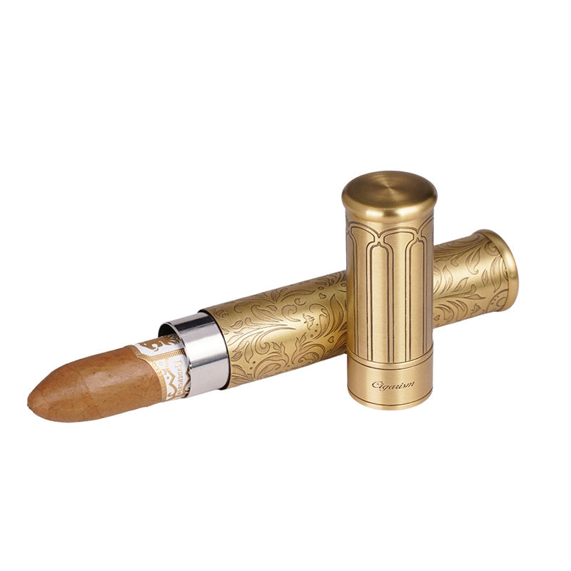 CIGARISM Cigar Travel Tube Humidor Case Vintage Bronze Flower Embossment Up to Ring Gauge 64