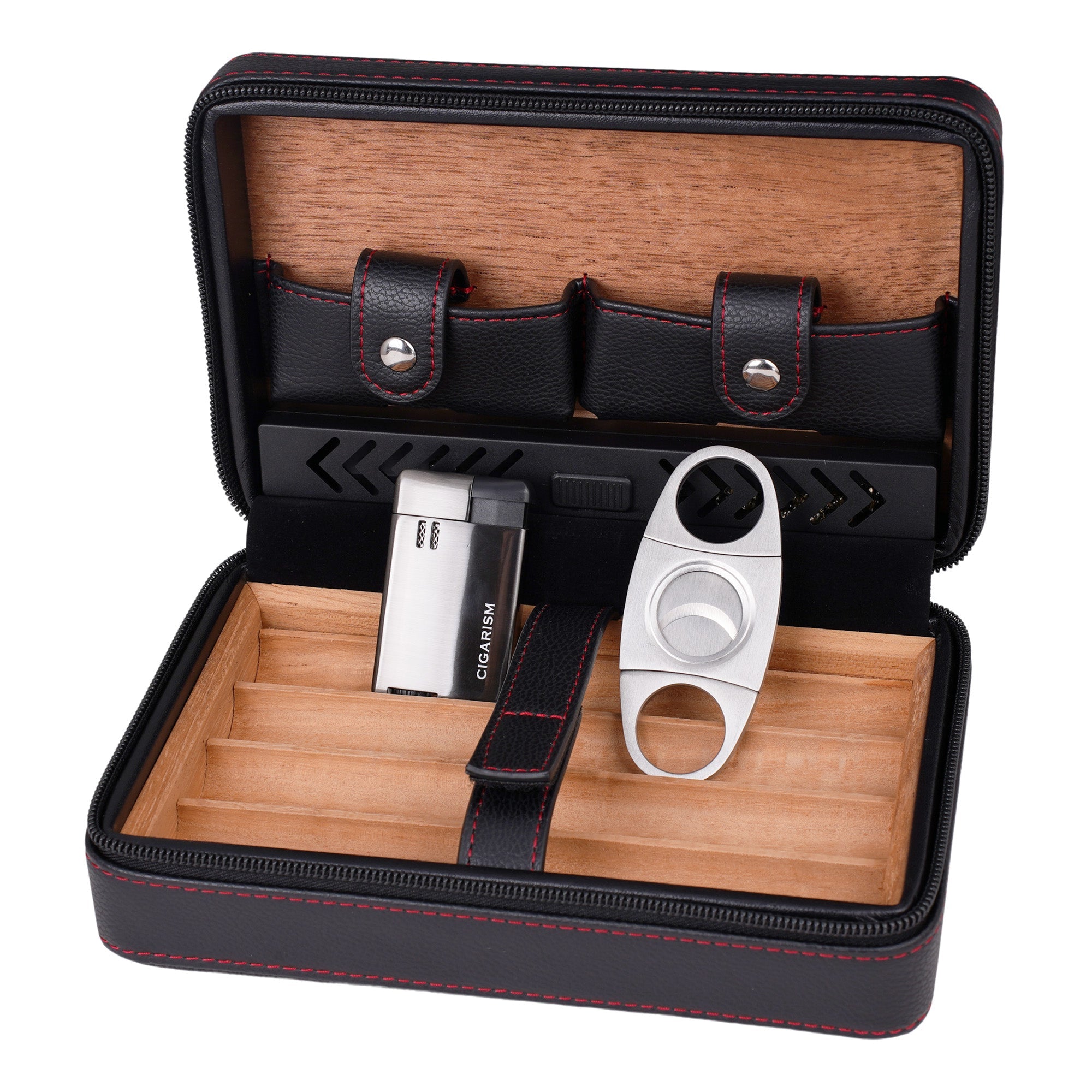 CIGARISM Cedar Lined Cigar Case Travel Humidor Cutter Lighter Set 4 Count