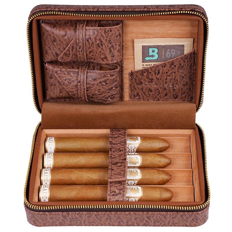 CIGARISM Genuine Leather Spanish Cedar Lined Cigar Travel Case Humidor With Cutter Lighter Set 4 Count