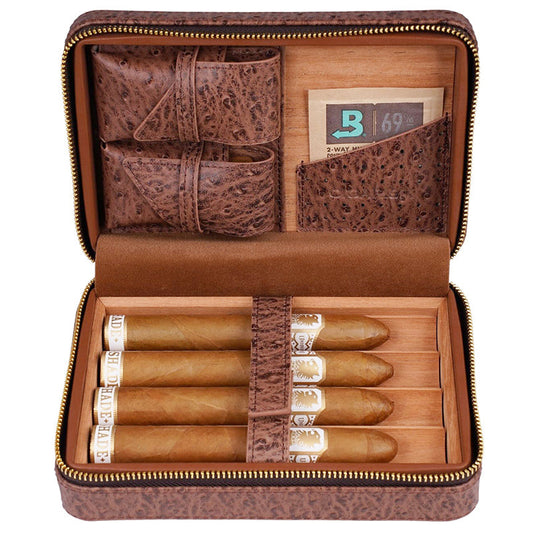 CIGARISM Genuine Leather Spanish Cedar Lined Cigar Travel Case Humidor With Cutter Lighter Set 4 Count