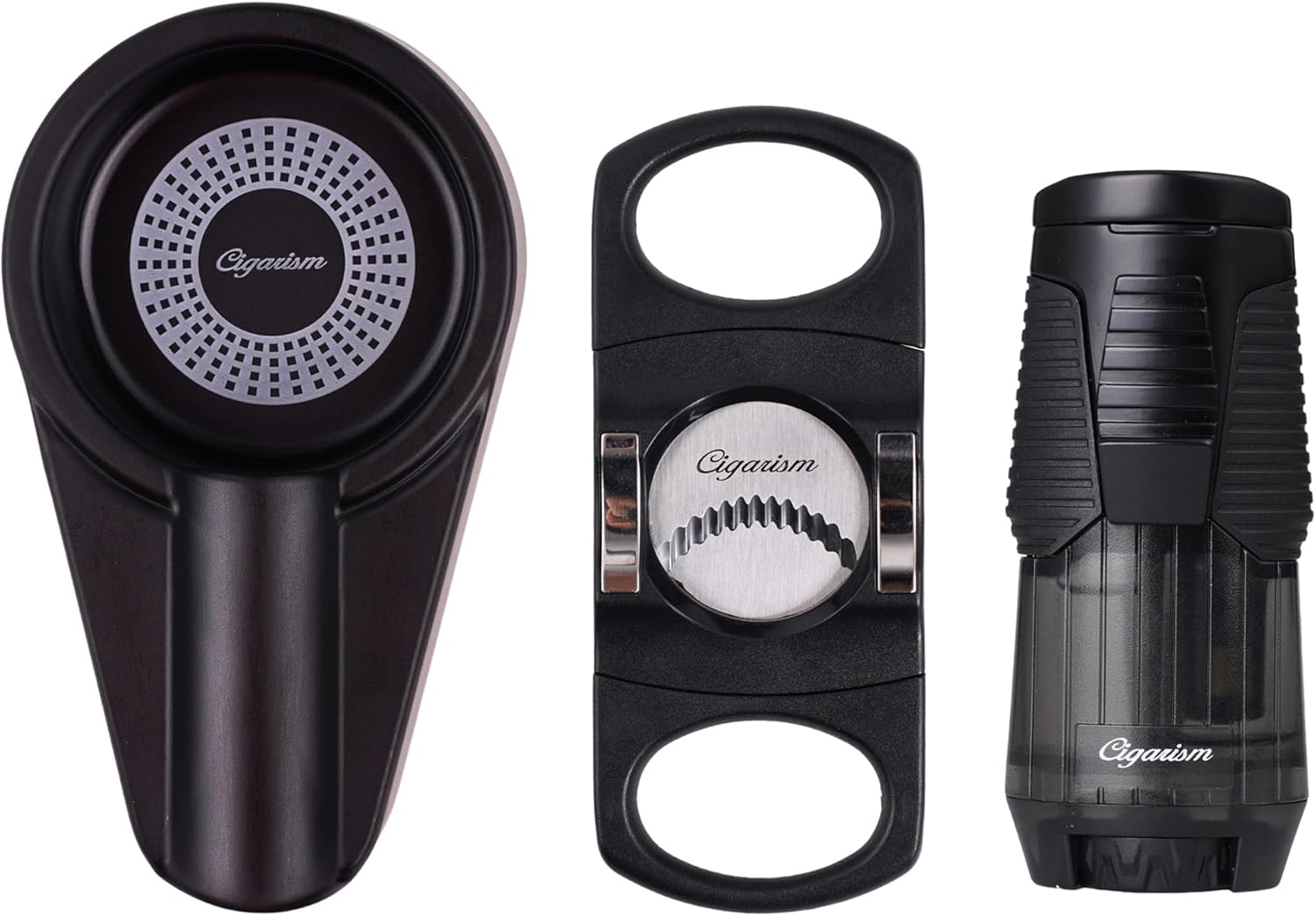 CIGARISM Cigar Lighter Cutter Ashtray Set Single Torch Large Ring Straight-Cut