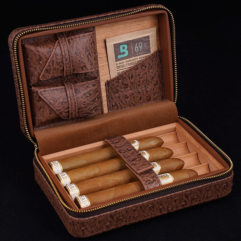CIGARISM Genuine Leather Spanish Cedar Lined Cigar Travel Case Humidor With Cutter Lighter Set 4 Count