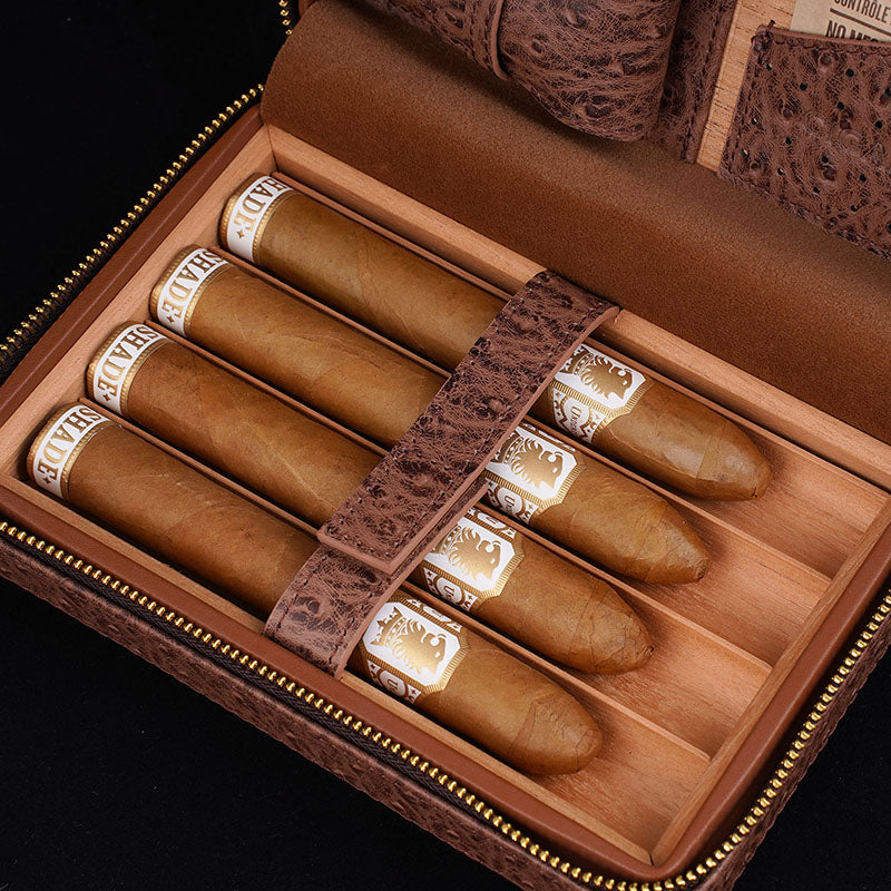 CIGARISM Genuine Leather Spanish Cedar Lined Cigar Travel Case Humidor With Cutter Lighter Set 4 Count