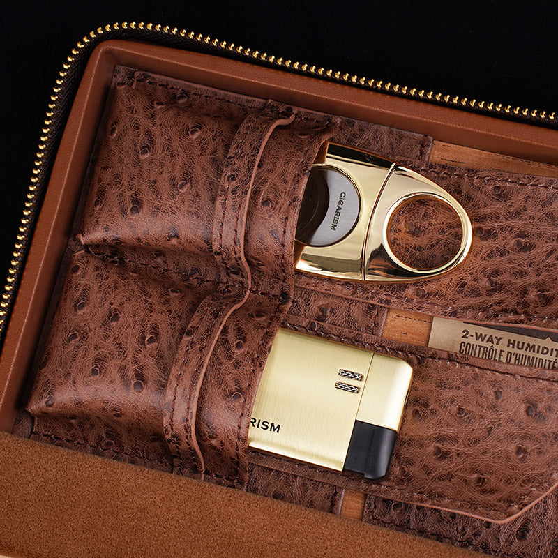 CIGARISM Genuine Leather Spanish Cedar Lined Cigar Travel Case Humidor With Cutter Lighter Set 4 Count