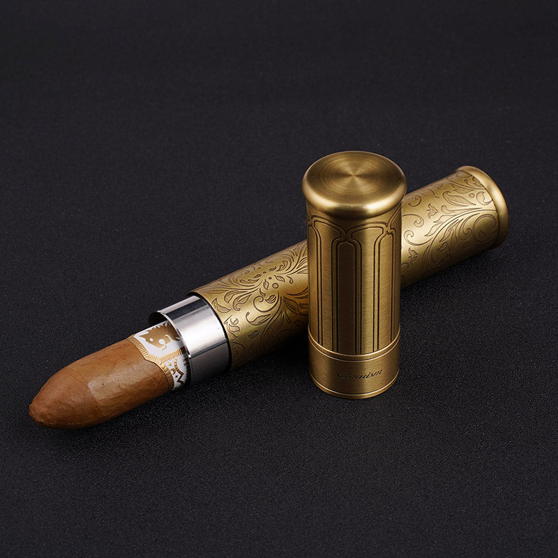 CIGARISM Cigar Travel Tube Humidor Case Vintage Bronze Flower Embossment Up to Ring Gauge 64