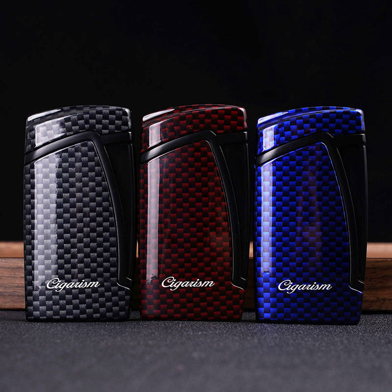 CIGARISM Carbon Fiber Style Cigar Lighter Double Torch Jet Flame W/Cigar Punch