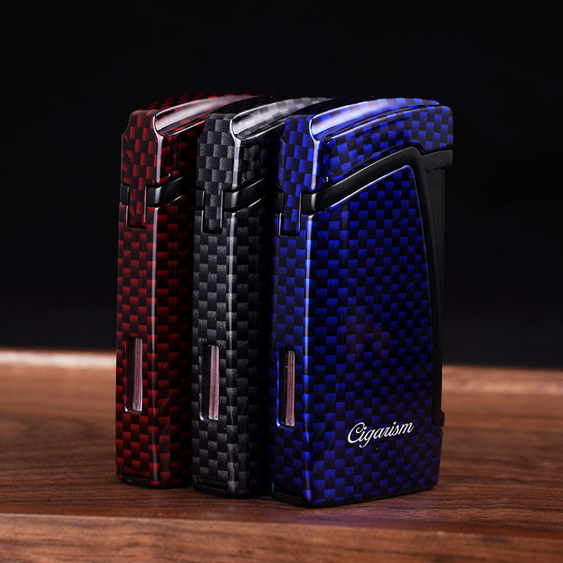 CIGARISM Carbon Fiber Style Cigar Lighter Double Torch Jet Flame W/Cigar Punch