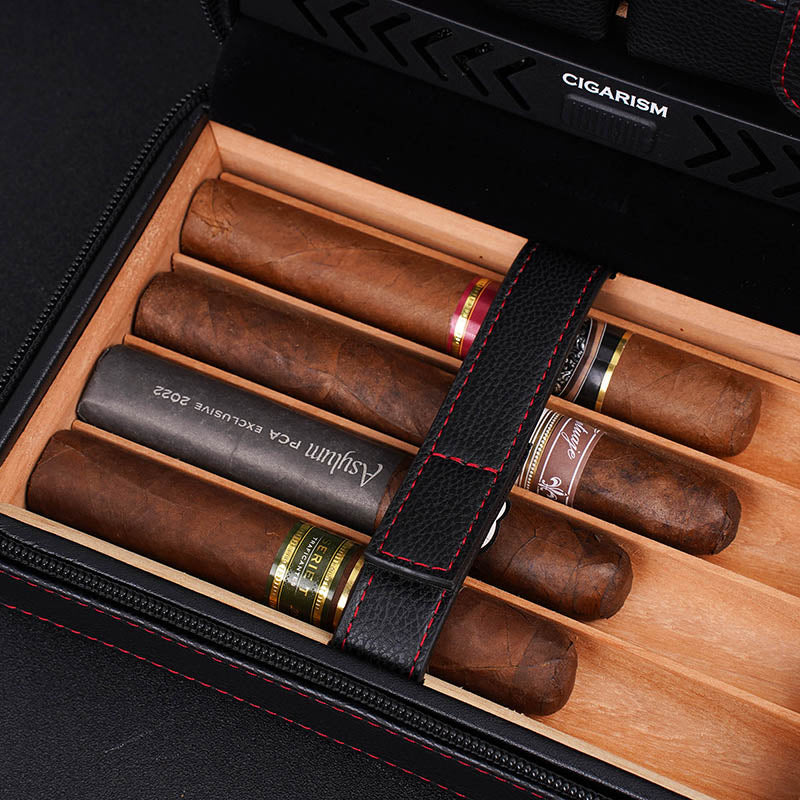 CIGARISM Cedar Lined Cigar Case Travel Humidor Cutter Lighter Set 4 Count