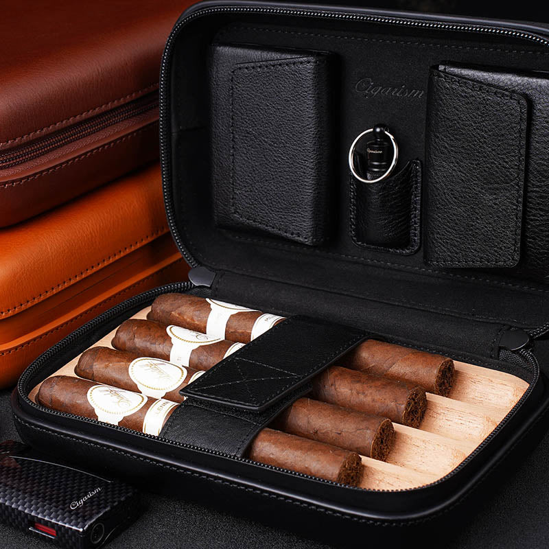 CIGARISM Cigar Travel Case Humidor Bag Italian Oil Wax Leather Spanish Cedar Accessory Pouches Holds 4 to 5 Cigars